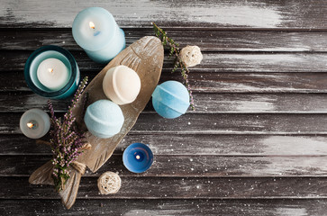 SPA composition with blue vanilla bath bombs, heather flowers