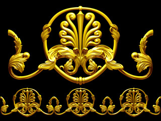 golden, ornamental Segment, "wish",  for frieze, border or frame, separated on black, straight version