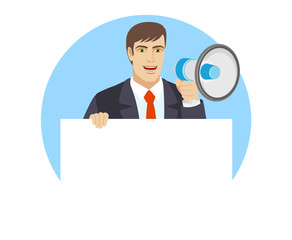 Businessman with loudspeaker holding white blank poster