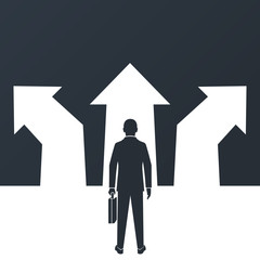 Choice way concept. Decision business metaphor. Vector flat design. Isolated on background. Businessman silhouette before choosing. Crossroads arrows. Decide direction. Human standing choice of ways.