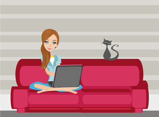 Fototapeta na wymiar Woman with laptop on the sofa at home