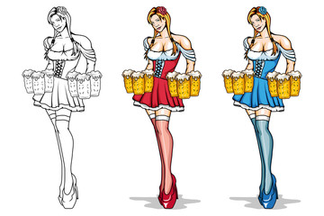 Oktoberfest Logo. Sexy cartoon girl with a glasses of beer in her hands. Pretty bavarian woman dressed in traditional costume.Young waitress isolated on white background.
