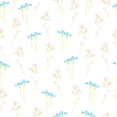 Blue and pink elegant meadow flowers seamless vector pattern