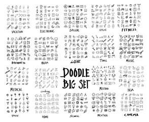 MEGA set of doodles vector. Super collection of travel, electronic ,soccer, spring, fitness, business, media, love, tool, music, media, cooking, meeting, sea, tree, home, school, weather, cinema eps10