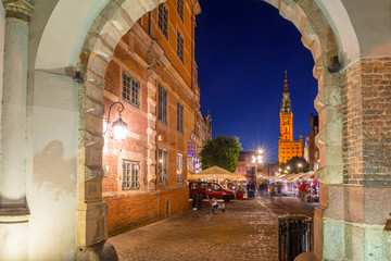 Architecture of the Long Lane in Gdansk at night., Poland