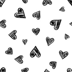 Hand drawn seamless pattern with hearts isolated on white.