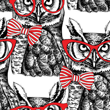 Seamless pattern with image of an owl with glasses and red tie bow. Vector illustration.