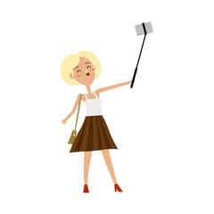 Pretty girl, young woman making selfie with phone and monopod, flat style cartoon vector illustration isolated on white background. Pretty woman, beautiful girl making selfie with her smarphone