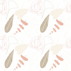 Fototapeta na wymiar Floral vector seamless pattern with hand drawn tropical leaves in pastel colors and geometric background.