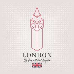 Vector schematic drawing of the big ben in London with the inscription and the british flag on abstract background