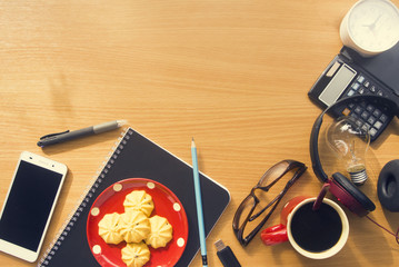 office desk with business tools object in morning light