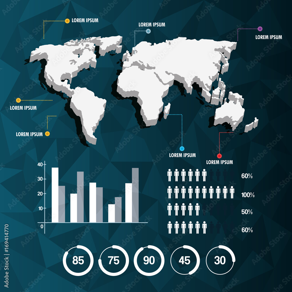 Wall mural world map infographic demographic report data with abstract background vector illustration