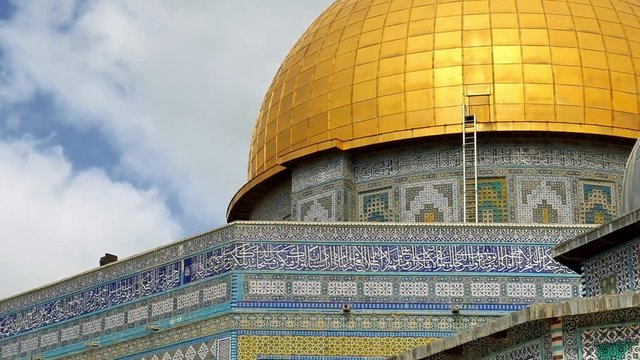 Dome of the Rock in Jerusalem over the Temple Mount panoramic shot. Golden Dome is the most known mosque and landmark in Jerusalem and sacred place for all muslims.
