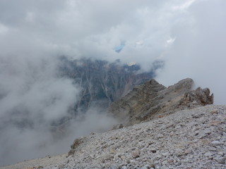 mountaineering on Tofana ridge in dolomites