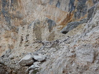 mountaineering on Tofana ridge in dolomites
