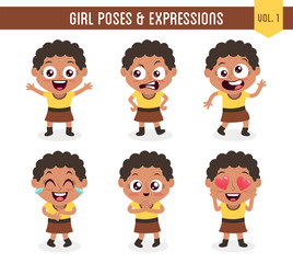 Character design set of a cute black girl in different poses. Cartoon style illustration, isolated on white background. Body gestures and facial expressions. Vector illustration. Set 1 of 8.