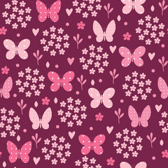 Seamless pattern with butterfly, flowers and hearts. Vector illu