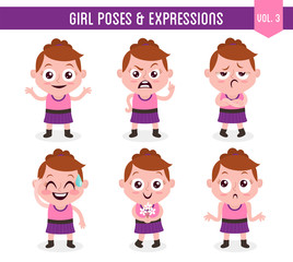 Character design set of a cute white girl in different poses. Cartoon style illustration, isolated on white background. Body gestures and facial expressions. Vector illustration. Set 3 of 8.