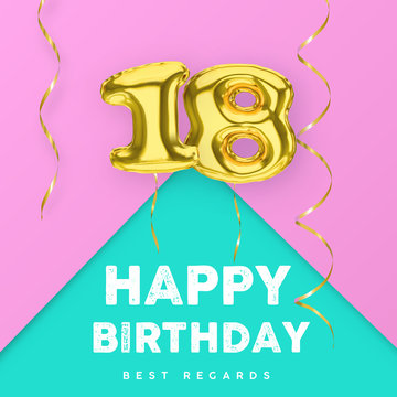 18 years old happy birthday pink girly vector banner with gold balloon 3d numbers and ribbon