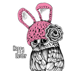 Fototapeta premium The image of the owl in the Bunny hat with knitted flower. Vector illustration.