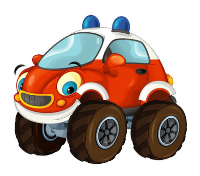 cartoon funny off road fire fighter truck looking like monster truck isolated