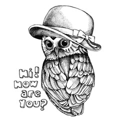 Image owl in a Elegant women's hat. Vector illustration.