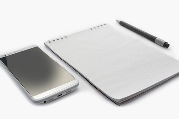 White mobile phone, notebook and pen, business concept