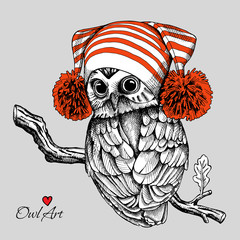 Owl in a red Hat with pom-pom on branch. Vector illustration.