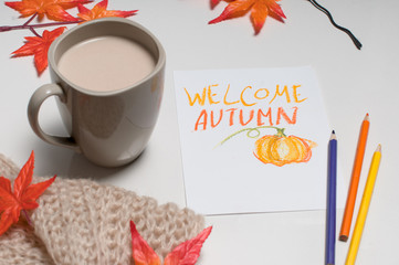 Welcome autumn card and cup of coffee