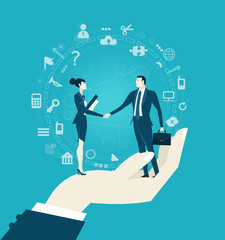 Business matching concept. Business people connecting by 
hand of businessman and surrounded by communication icons. Working together to solve problems. Cooperation association alliance companies. 