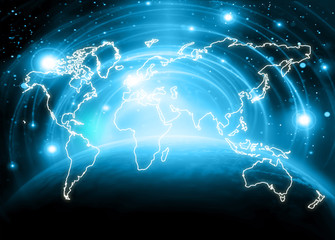 World map on a technological background, glowing lines symbols of the Internet, radio, television, mobile and satellite communications.