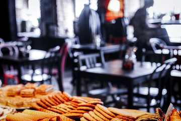 different types cookies on the counter in cafe