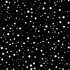 White polka dots seamless pattern on black background. Remarkable classic white polka dots textile pattern in restrained colours. Seamless scattered confetti fall chaotic decor. Vector illustration.