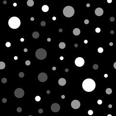 White polka dots seamless pattern on black background. Terrific classic white polka dots textile pattern in restrained colours. Seamless scattered confetti fall chaotic decor. Vector illustration.