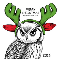 Owl portrait in mask Santa's reindeer antlers. Vector illustration.