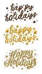 Vector golden text on white background. Happy Holidays lettering for invitation and greeting card, prints and posters. Hand drawn inscription, calligraphic design.