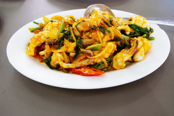 Thai food; Stir Fried squid with salted egg yolk