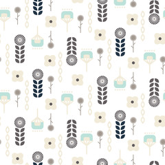 Scandinavian folk floral garden art pattern seamless vector background. Geo beige and blue flowers for print on textile.