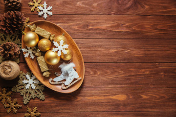 box with christmas white skates gold red toys balls and stars new year background decorations