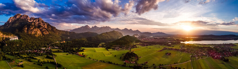 Panorama from the air sunset Forggensee and Schwangau, Germany, Bavaria