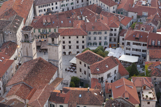 The roofs of Kotor and the bell towers of the Cathedral of Saint Tryphon, view from the fortress, Montenegro
