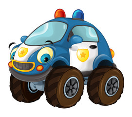 cartoon happy and funny off road police car looking like monster truck / smiling vehicle 