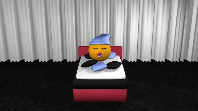 niedliches Emoticon mit Schlafm&uuml;tze h&uuml;pft aufs Bett