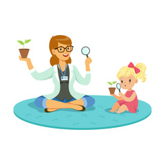 Teacher and little girl sitting on the floor and learning about plants during botany lesson, preschool educational activities cartoon vector Illustration