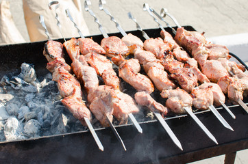 Tasty skewers of beef grilled over charcoal