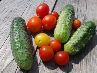  tomatoes and cucumbers on wooden background