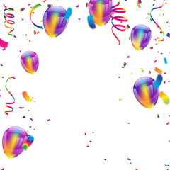 colorful balloons, happy birthday vector illustration. Confetti and ribbons, Celebration background template with.