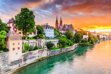 Basel, Switzerland. Old town with red stone Munster cathedral on the Rhine river. - obrazy, fototapety, plakaty