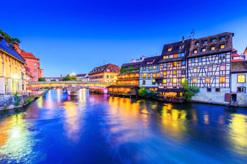 Strasbourg, Alsace, France. Traditional half timbered houses and Saint Martin bridge of Petite France.