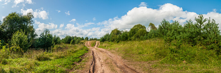 Fototapeta na wymiar Panoramic view of a rural field road under a beautiful blue cloudy sky